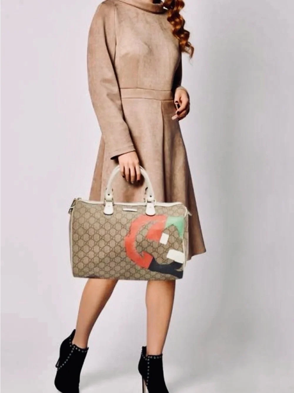GUCCI Guccisima, hint of sparkle GG Supreme painted beige canvas Boston Bag